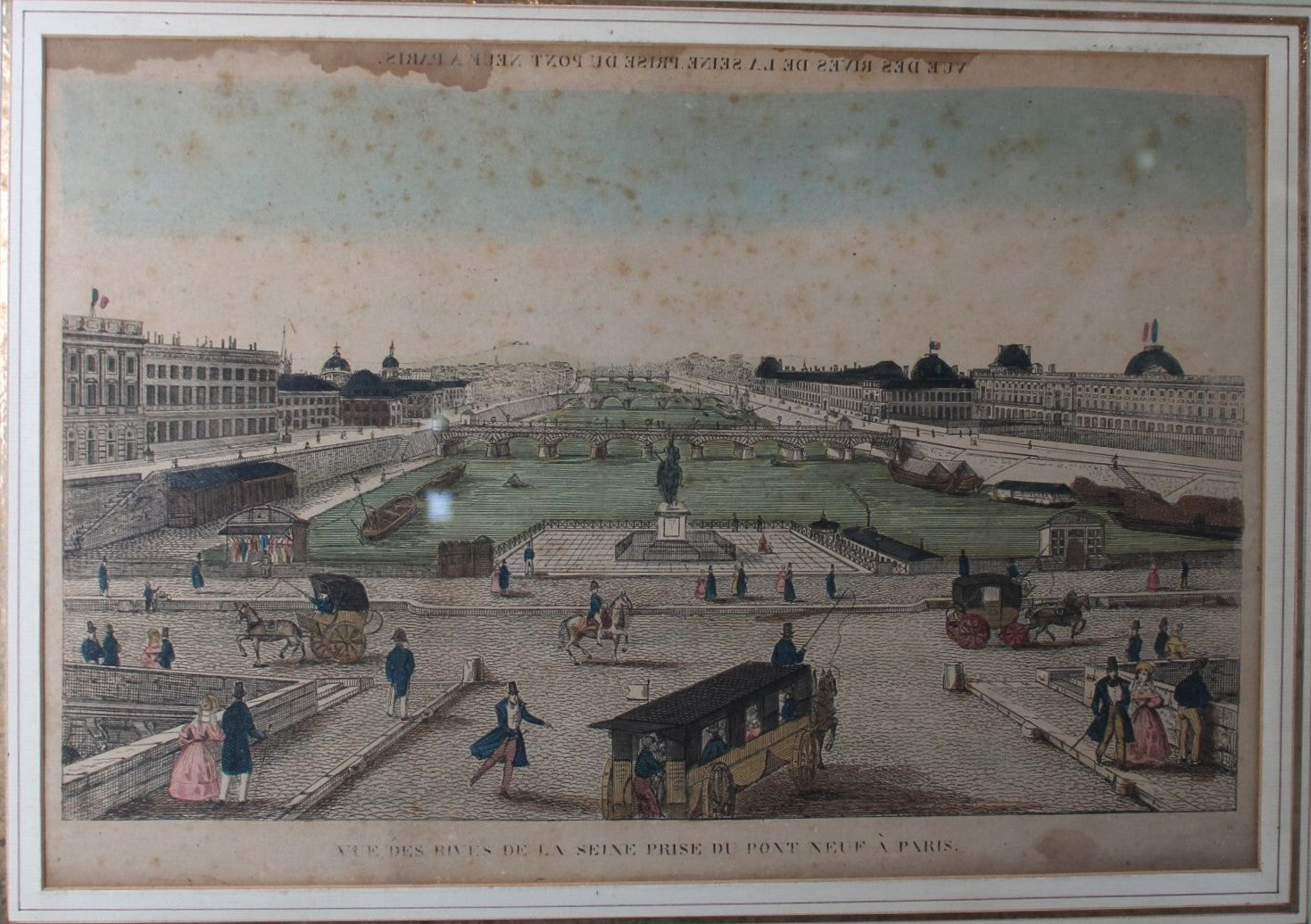Estampe ancienne : « Vue des rives de la Seine prise du Pont Neuf à Paris ». Vue intégrale.