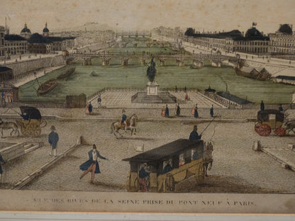 Estampe ancienne : « Vue des rives de la Seine prise du Pont Neuf à Paris » zoom sur légende central bas.
