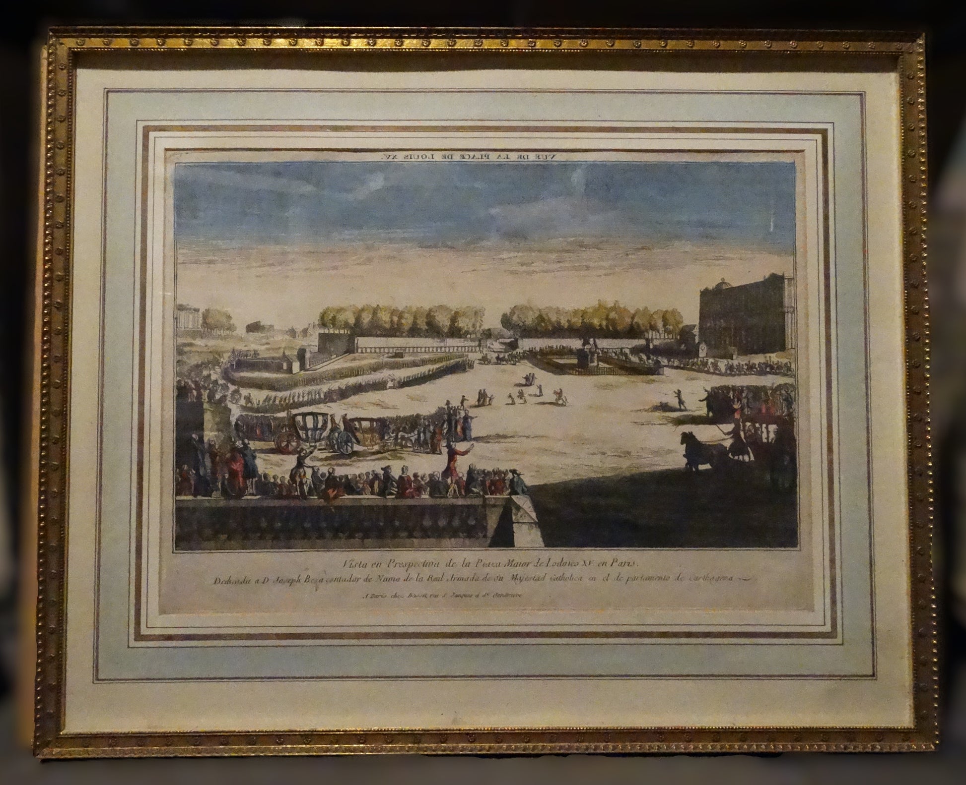 Estampe ancienne : « Vue perspective de la Place Louis XV à Paris » dans son cadre en bois doré