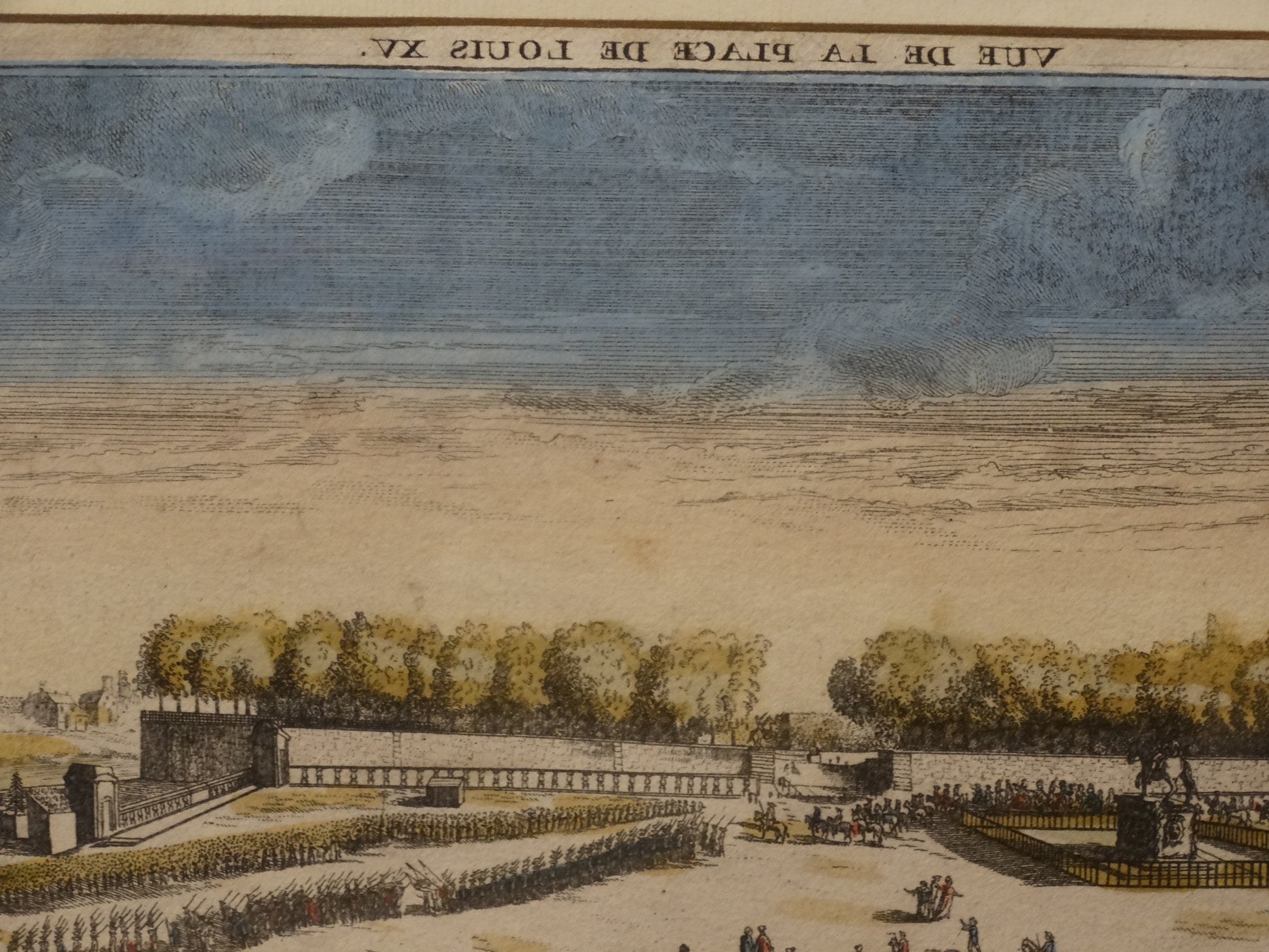 Estampe ancienne : « Vue perspective de la Place Louis XV à Paris » zoom sur titre de l'œuvre.