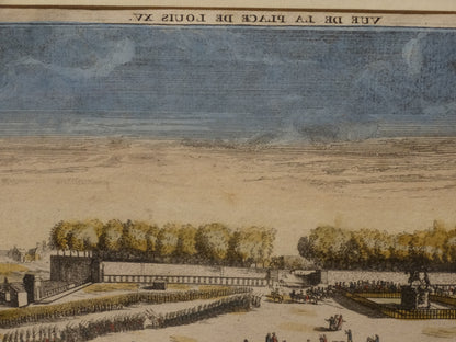 Estampe ancienne : « Vue perspective de la Place Louis XV à Paris » zoom sur titre de l'œuvre.
