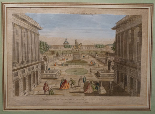 Estampe ancienne : « Vue perspective de la Place Louis XV en entrant par la Porte Saint-Honoré à Paris »