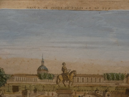Estampe ancienne : « Vue perspective de la Place Louis XV en entrant par la Porte Saint-Honoré à Paris » zoom légende haute.