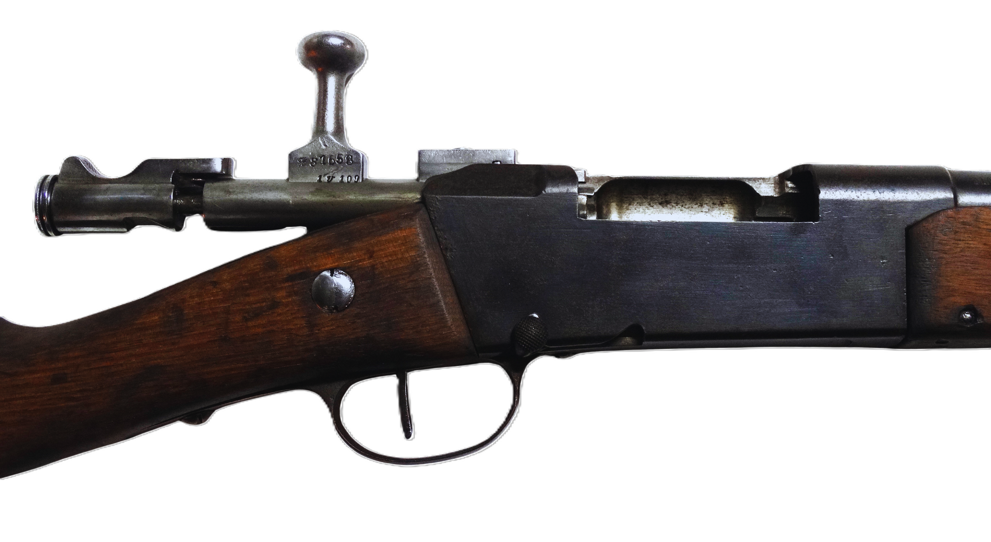 Fusil Lebel Modèle 1886-93 – Calibre d’origine 8×51 R – Manufacture de Tulle (1920).
Vue boitier de culasse ouverte et sa culasse.