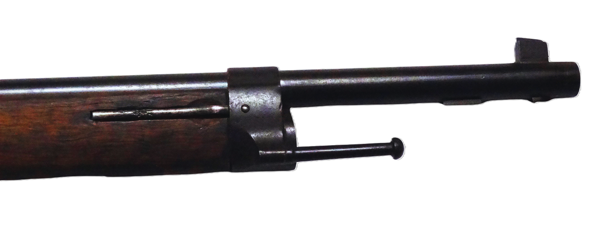 Fusil Lebel Modèle 1886-93 – Calibre d’origine 8×51 R – Manufacture de Tulle (1920).
Vue canon coté droit et rail baïonnette pour rosalie.