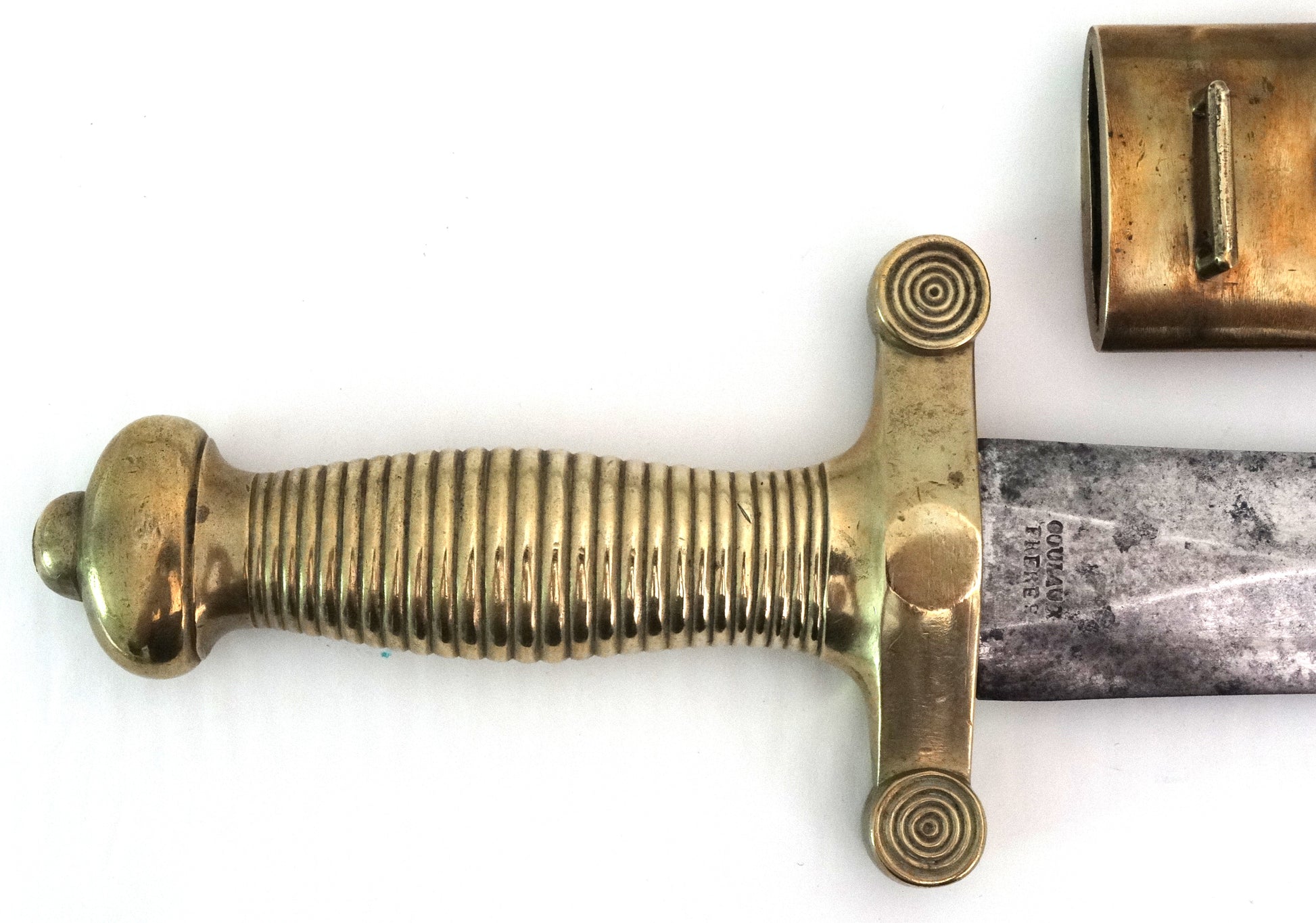 Glaive d’Infanterie Modèle 1831 - Lame Klingenthal Coulaux Frères & Fourreau.
Zoom sur manche face A.