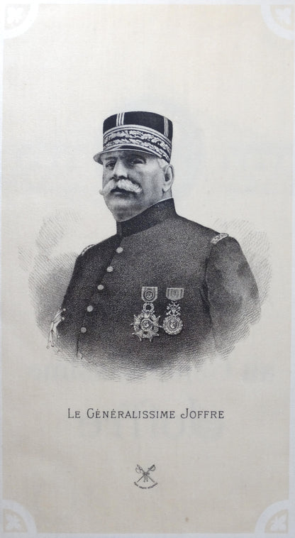 Hommage au Généralissime Joffre sur soie imprimée • Estampe commémorative ancienne. Zoom sur Joffre.