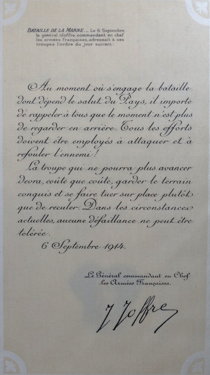 Hommage au Généralissime Joffre sur soie imprimée • Estampe commémorative ancienne. Zoom sur discourt du 6 septembre 1914 et sa signature. Bataille de la Marne.