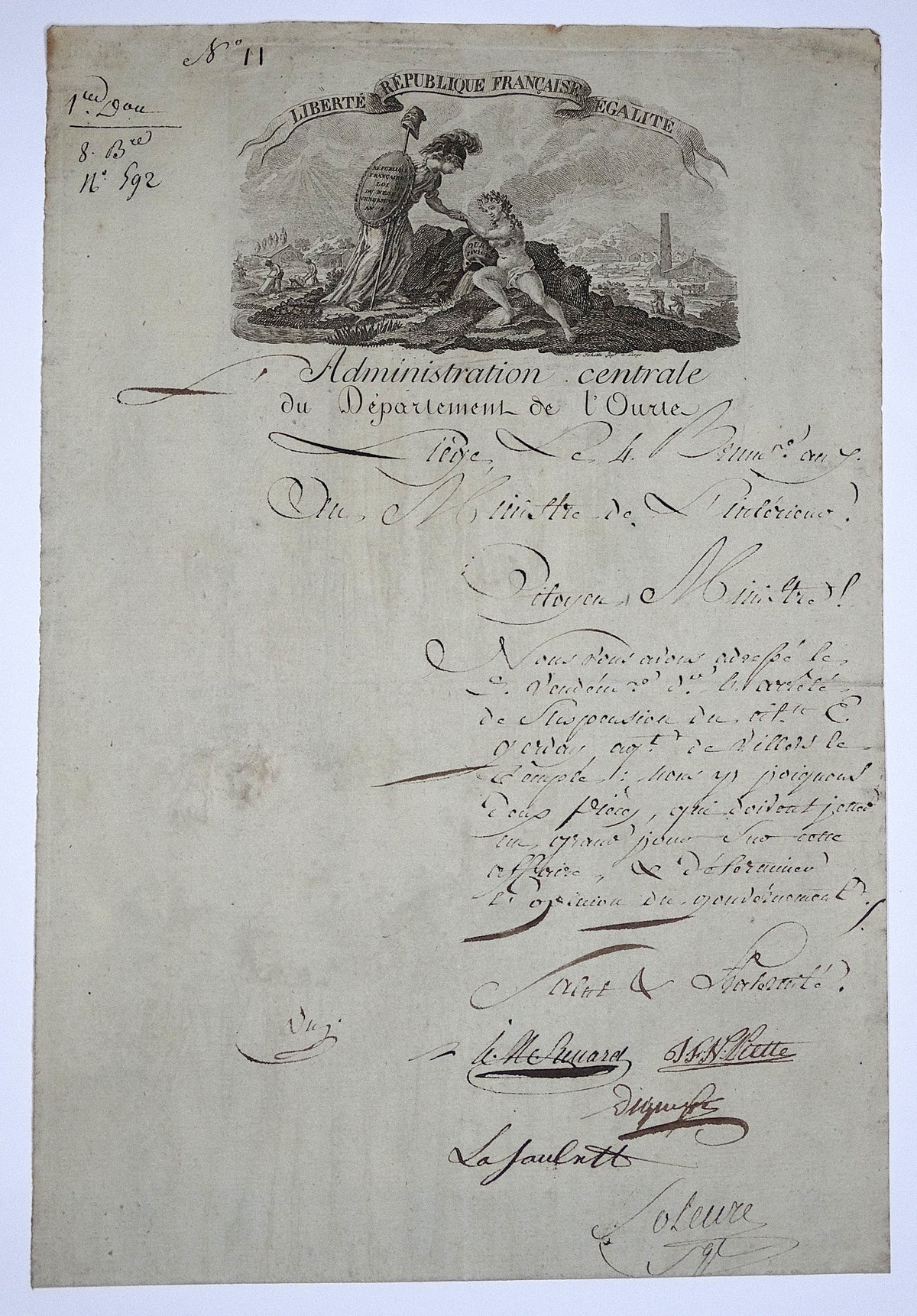 Lettre de l’Administration centrale de l’Ourthe  Révolution.
Vue intégrale de face.