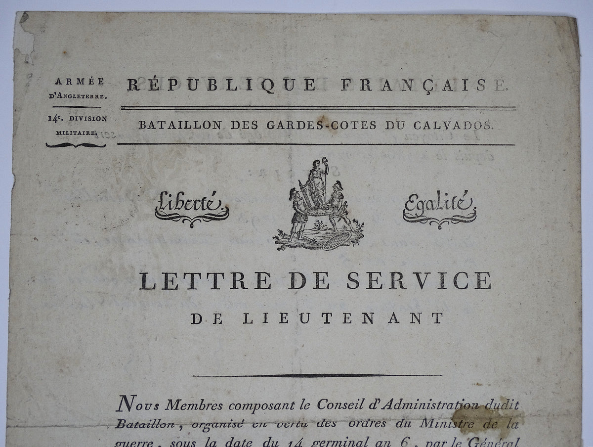 Lettre de service de lieutenant, 1793-1800  Gardes-côtes.
Zoom sur entête 