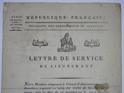 Lettre de service de lieutenant, 1793-1800  Gardes-côtes.
Zoom sur entête 