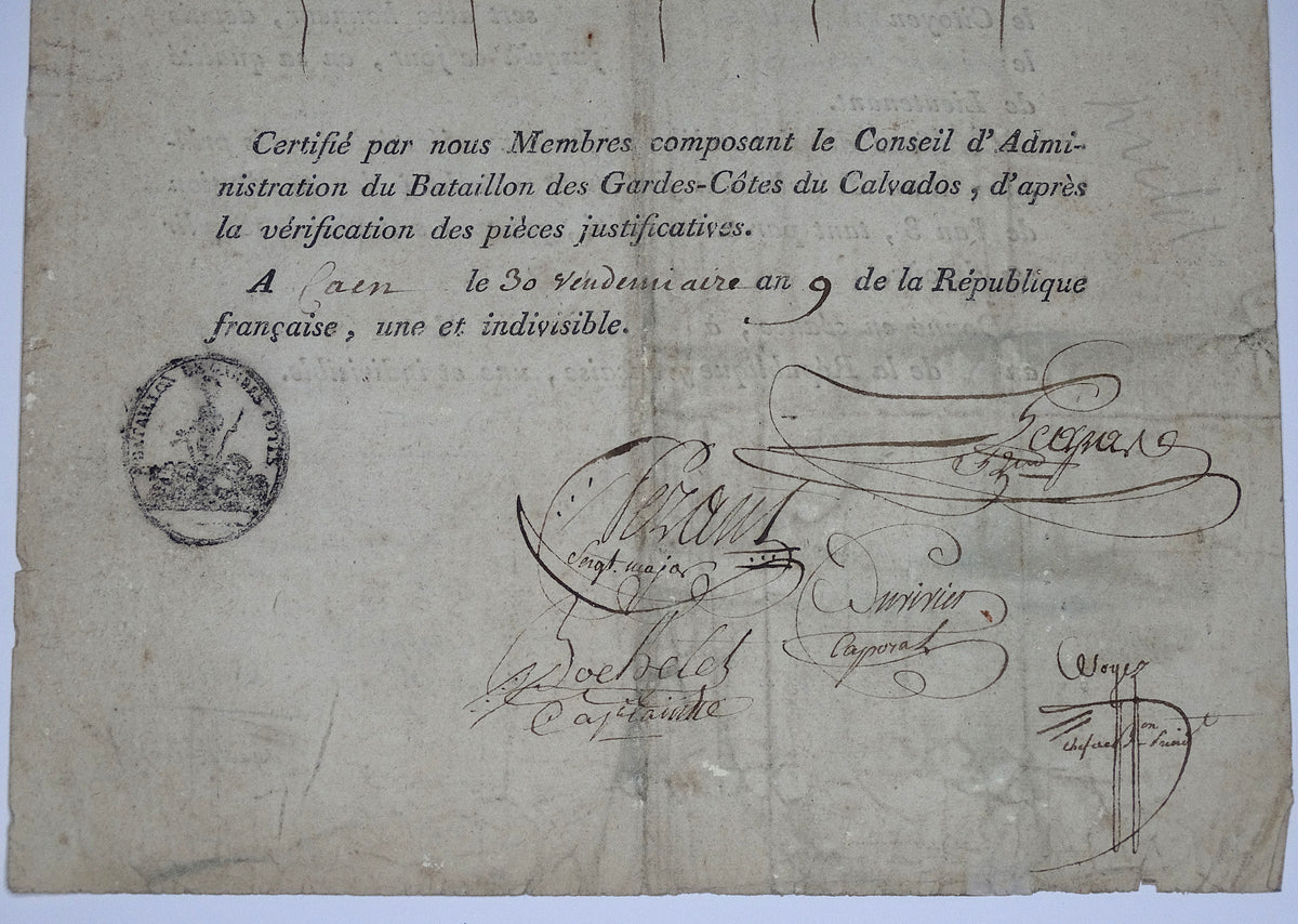 Lettre de service de lieutenant, 1793-1800  Gardes-côtes.
Zoom sur les signature au verso.