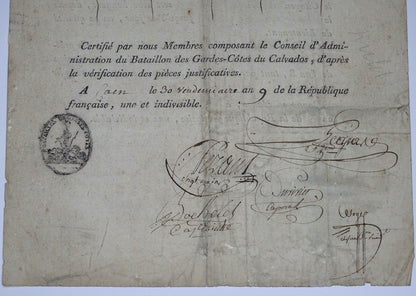 Lettre de service de lieutenant, 1793-1800  Gardes-côtes.
Zoom sur les signature au verso.