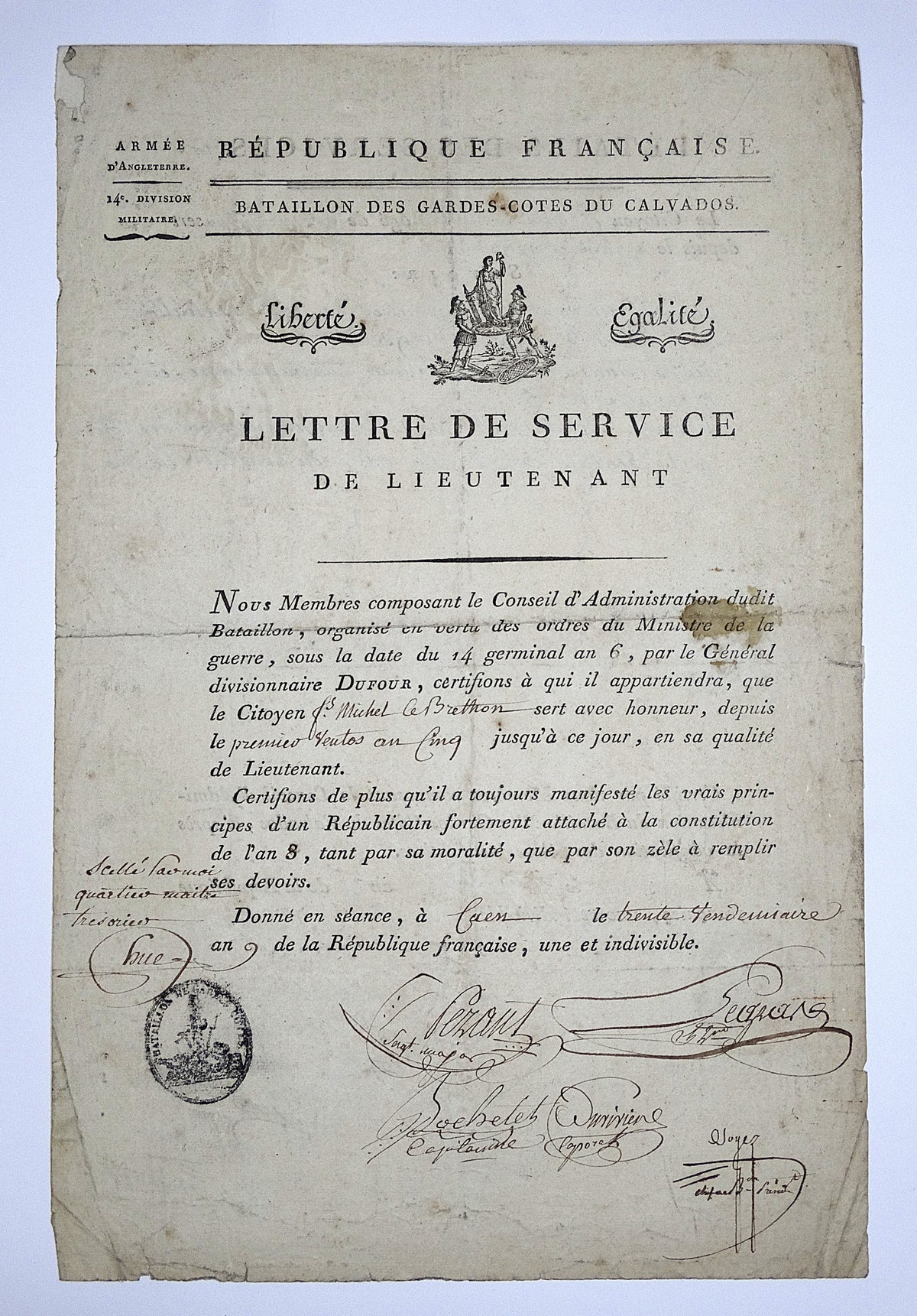 Lettre de service de lieutenant, 1793-1800  Gardes-côtes.
Vue intégrale de face.