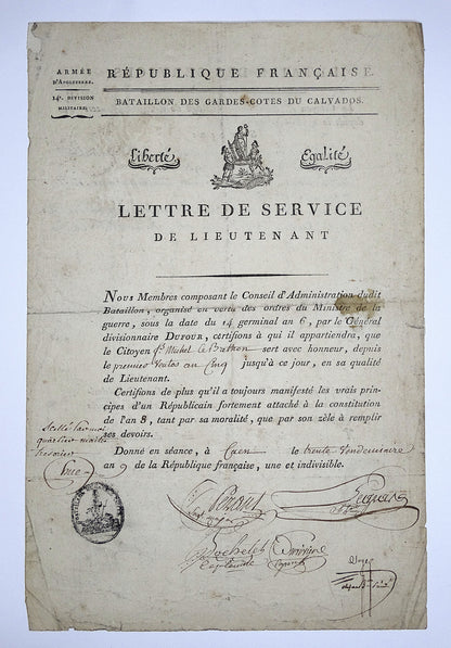 Lettre de service de lieutenant, 1793-1800  Gardes-côtes.
Vue intégrale de face.