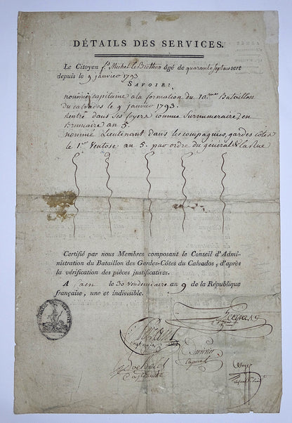 Lettre de service de lieutenant, 1793-1800  Gardes-côtes.
Vue intégrale de dos.