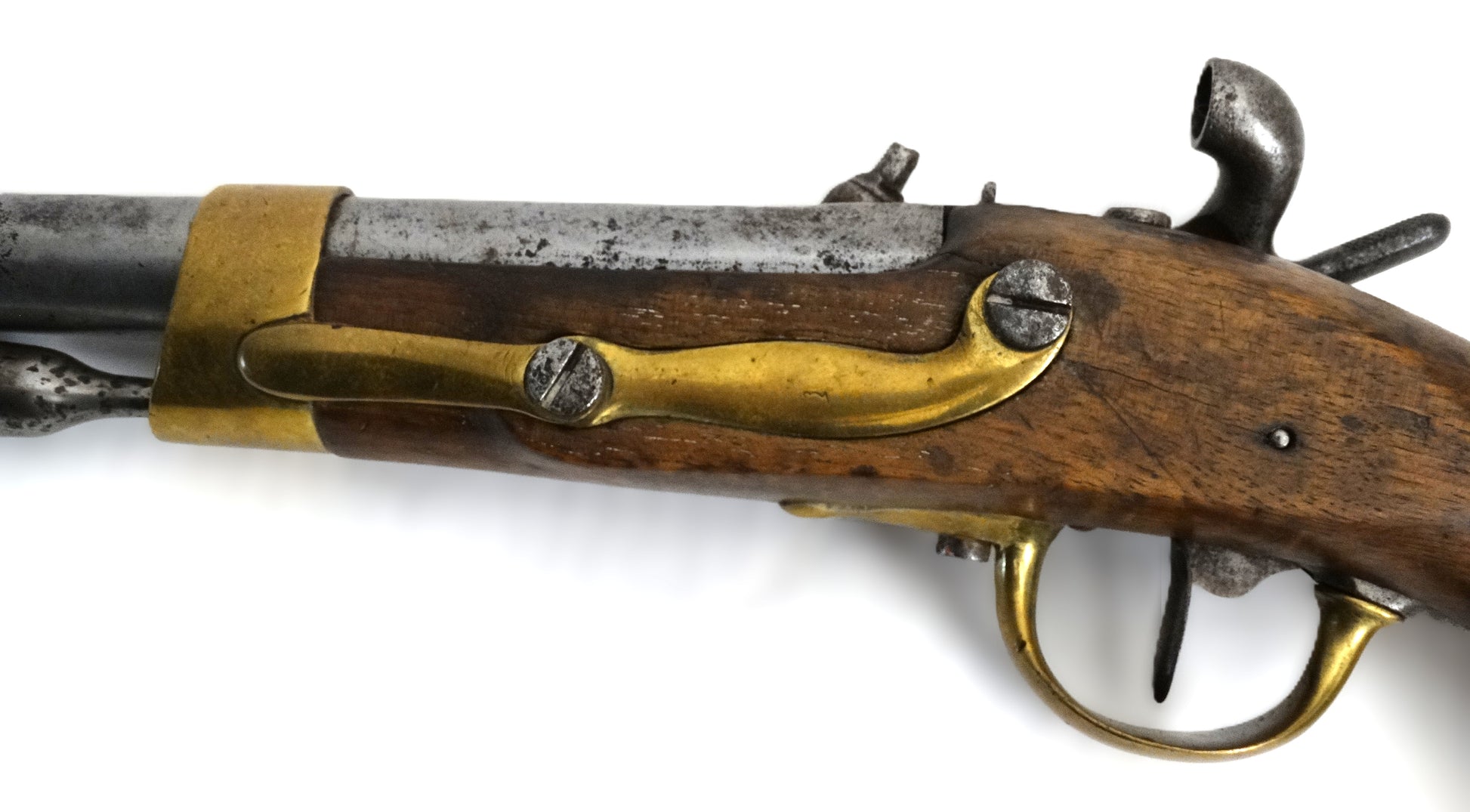 Pistolet An-XIII transformé à percussion – modèle de cavalerie français.
Zoom platine coté gauche.