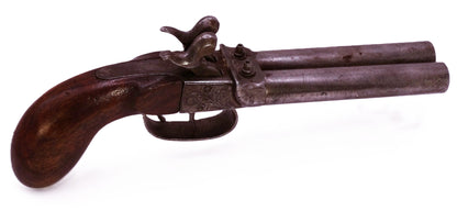 Pistolet coup de poing à percussion double-canon (~ 1860) • Arme de collection. Vue intégral haute du coté droit avec visu sur les 2 cheminées.