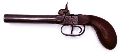 Pistolet coup de poing à percussion double-canon (~ 1860) • Arme de collection. Vue intégral coté gauche.