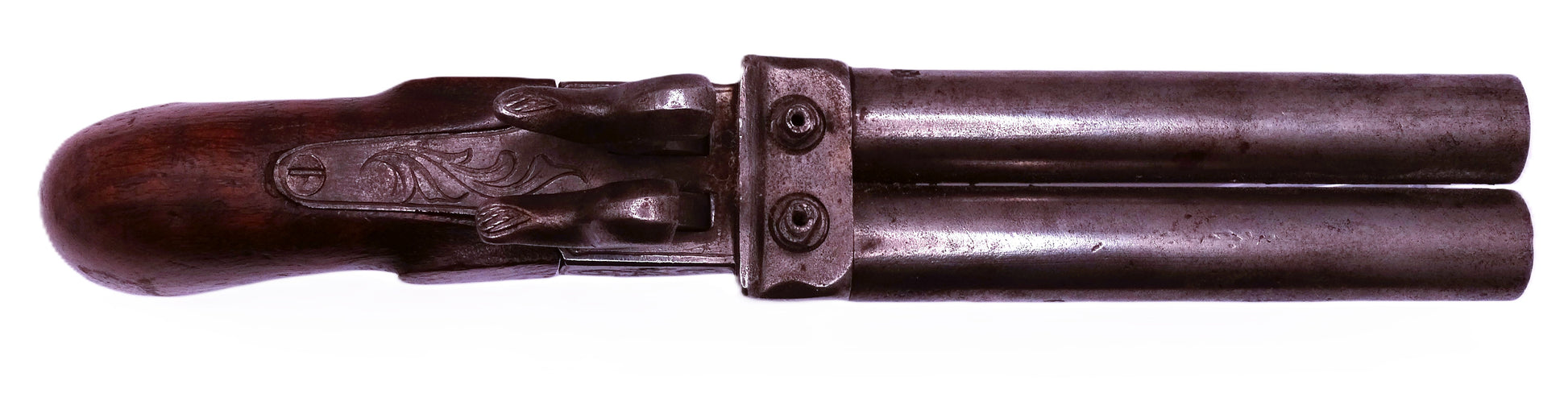 Pistolet coup de poing à percussion double-canon (~ 1860) • Arme de collection. Vue intégral du dessus avec cheminées.