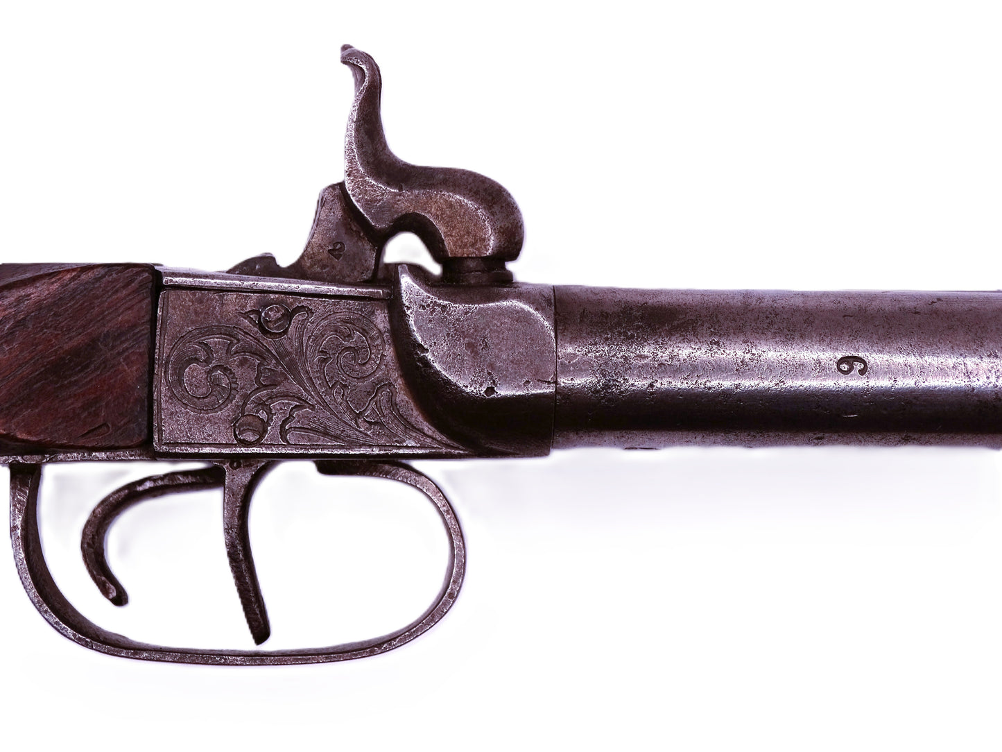 Pistolet coup de poing à percussion double-canon (~ 1860) • Arme de collection. Zoom détente et chien droit.