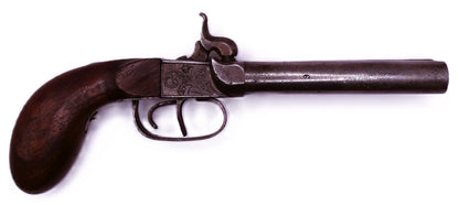 Pistolet coup de poing à percussion double-canon (~ 1860) • Arme de collection. Vue intégral coté droit.