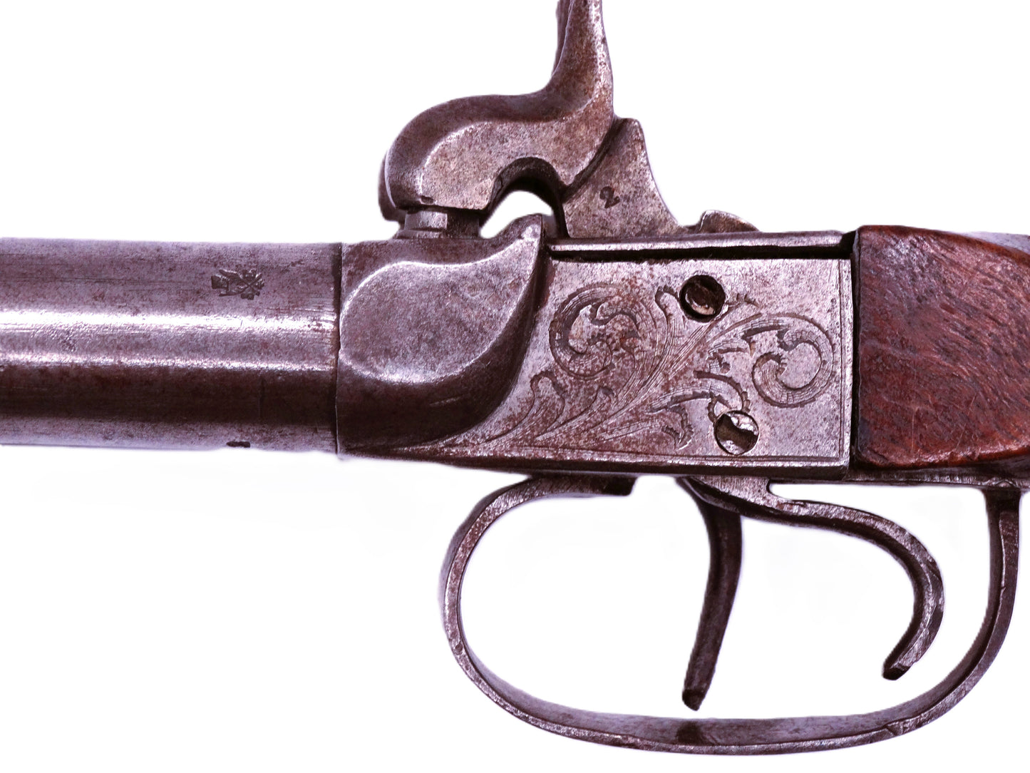 Pistolet coup de poing à percussion double-canon (~ 1860) • Arme de collection. zoom chien et détente coté gauche.