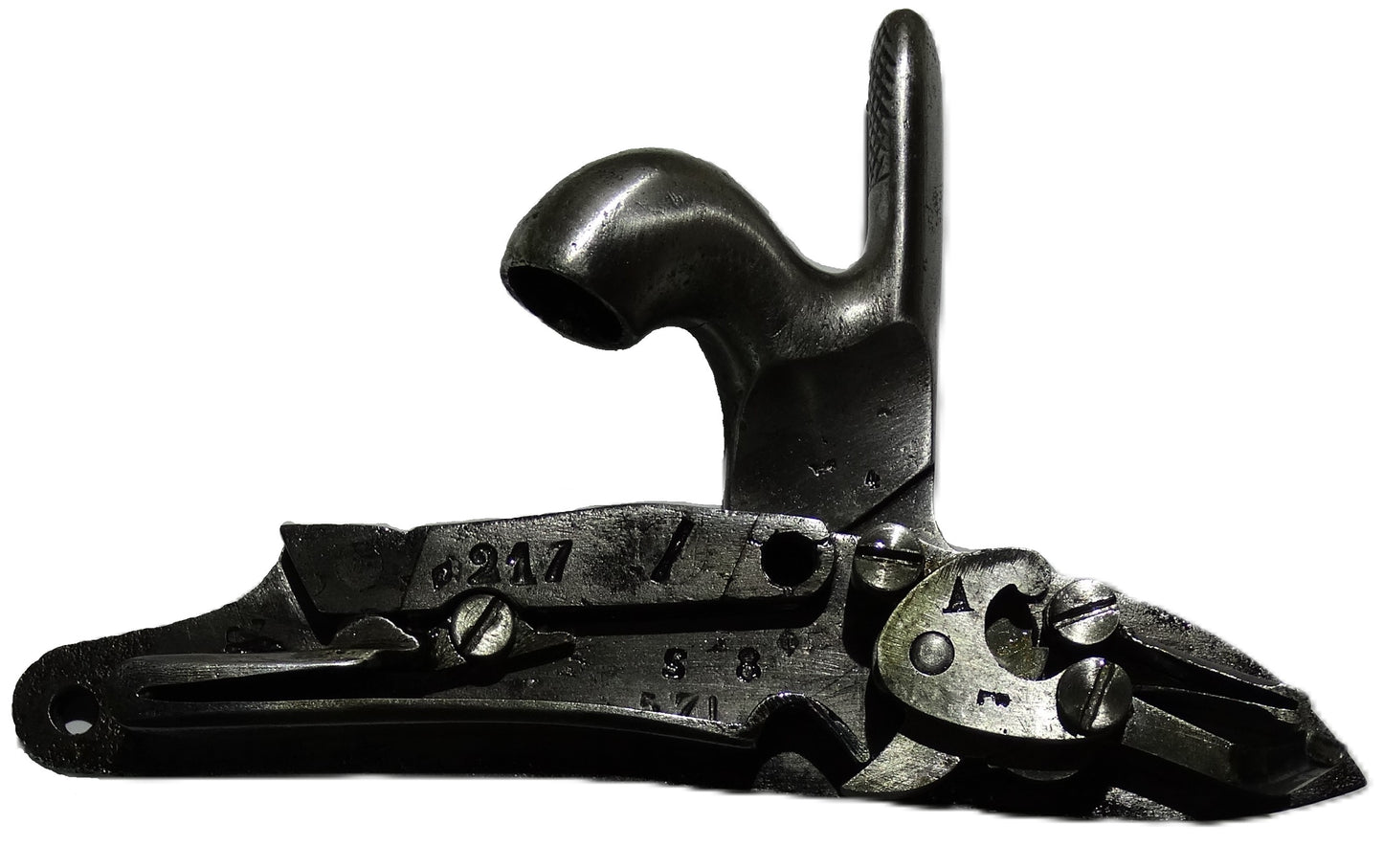 Pistolet de cavalerie Modèle 1816 T bis daté 1821  Transformation réglementaire 1861.
Zoom sur intérieur platine A