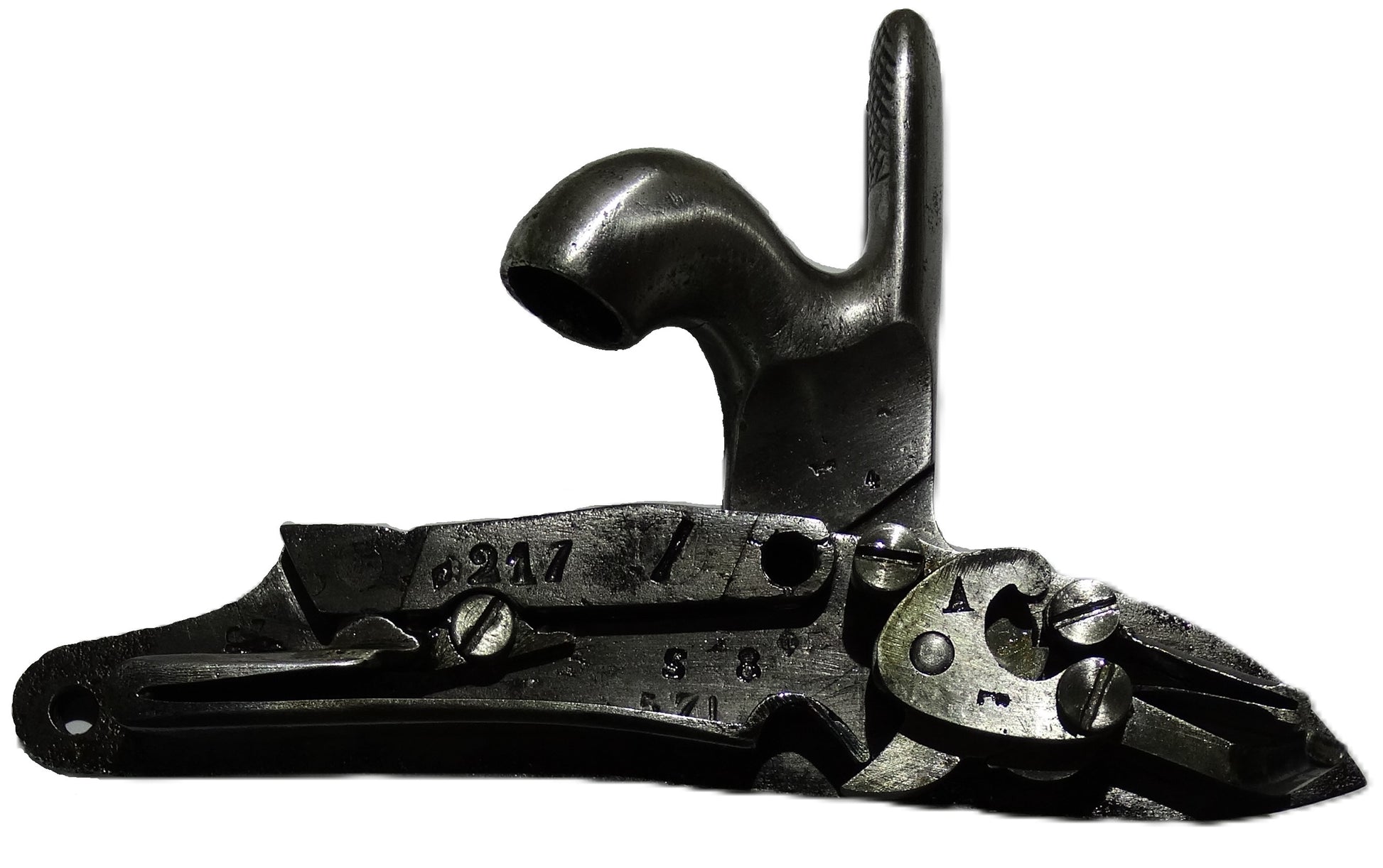 Pistolet de cavalerie Modèle 1816 T bis daté 1821  Transformation réglementaire 1861.
Zoom sur intérieur platine A