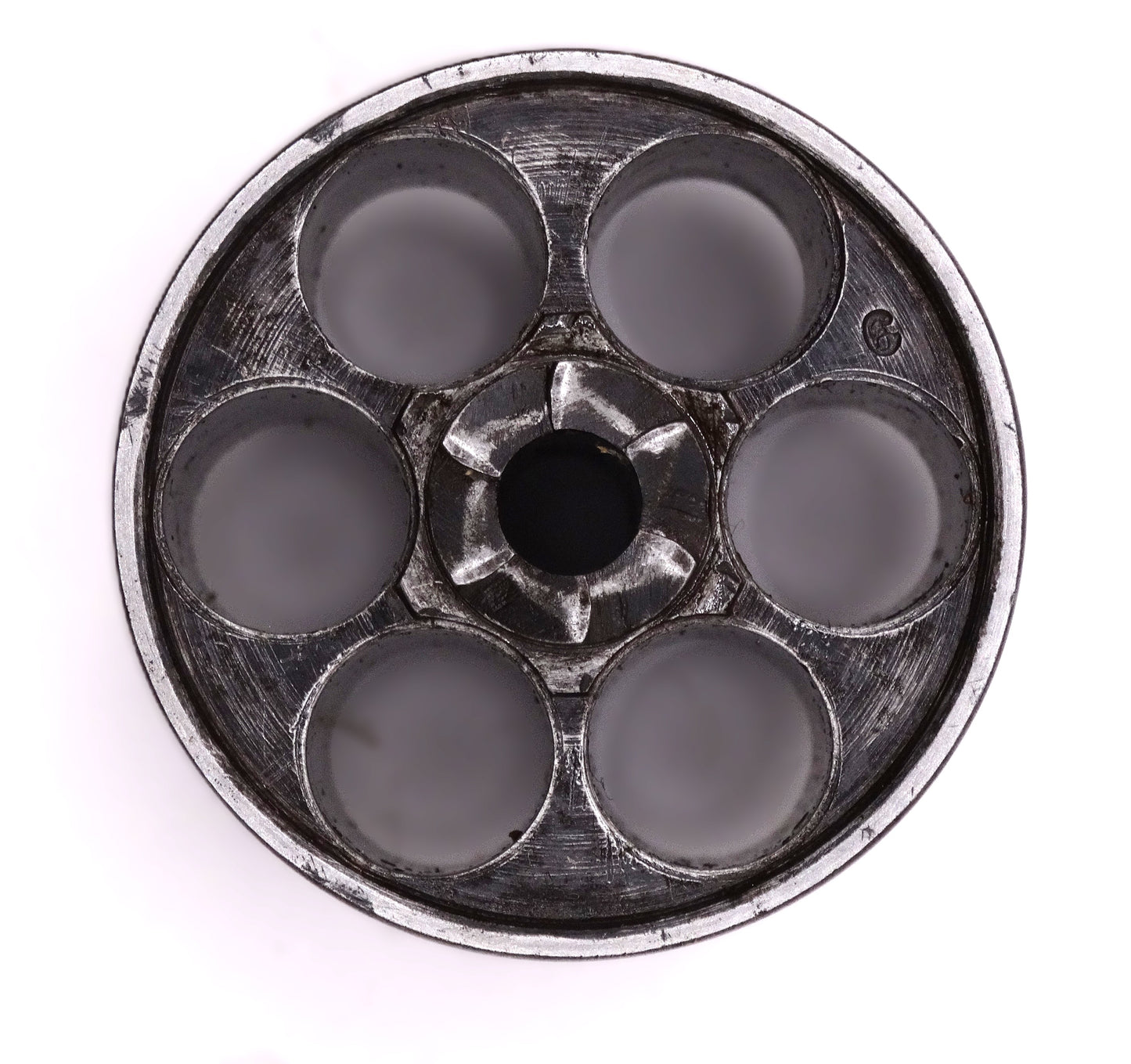 Revolver Chamelot-Delvigne modèle 1874 civil - calibre 11 mm73 - Arme ancienne.
Vue intégrale barillet et rocher avec poinçons.