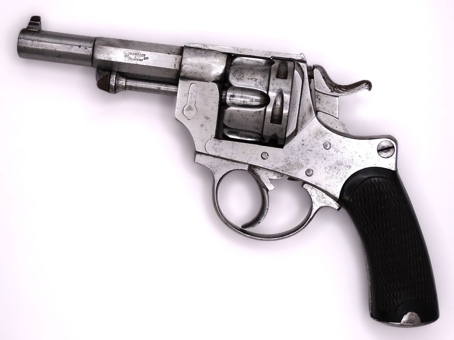 Revolver Chamelot-Delvigne modèle 1874 civil - calibre 11 mm73 - Arme ancienne.
Vue intégrale coté gauche.